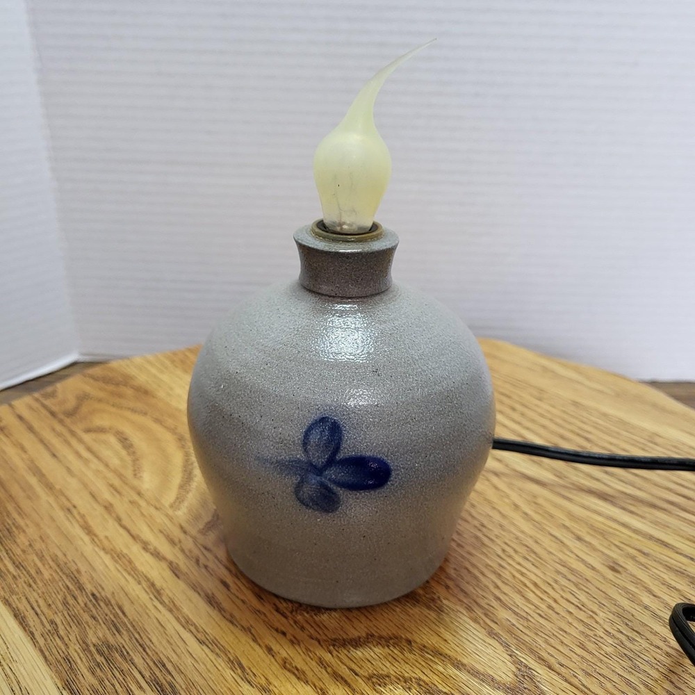 VTG 1994 Rowe Pottery Salt Glaze Lamp Night Light Blue Leaves 5" Tall